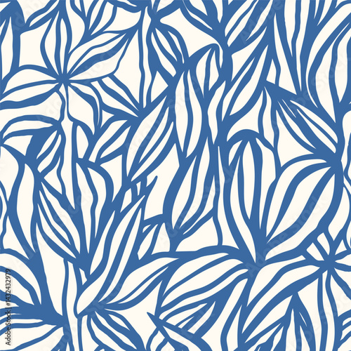 Surface pattern design with hand drawn simple leaves and foliage. Artistic botanical background. Linear vector seamless pattern. Nostalgic vintage allover print.