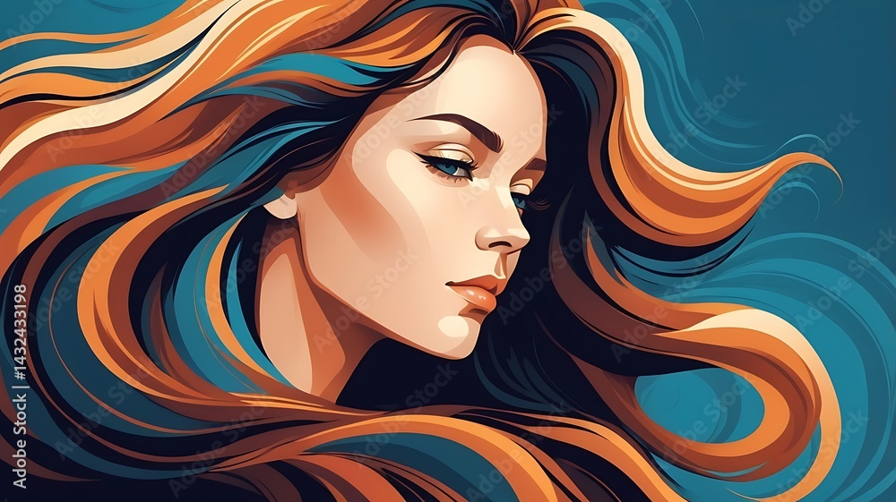 Stylized vector portrait of a woman with flowing hair, smooth gradients, and elegant linework Stylized vector portrait of a woman with flowing hair, smooth gradients, and elegant linework