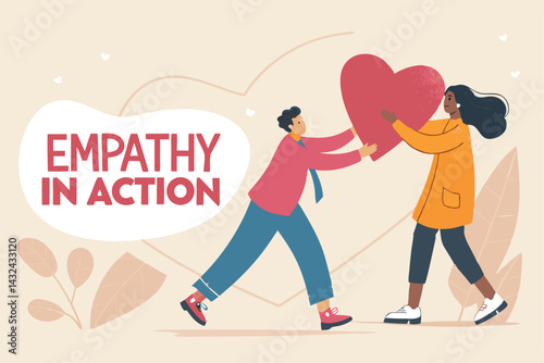 Two cheerful cartoon characters, a boy and a girl, joyfully exchanging a large red heart, symbolizing love and friendship.  Illustrative style, vibrant colors.