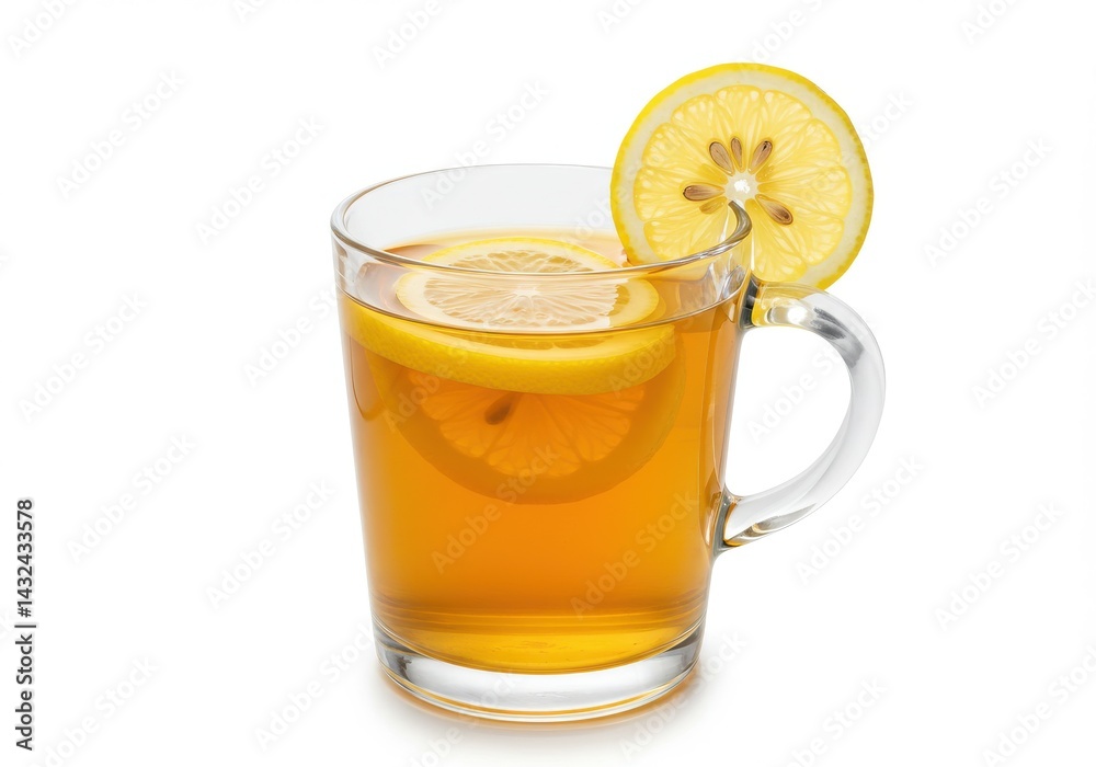 A glass mug filled with tea and lemon slices on a white background with a lemon slice on the rim A glass mug filled with tea and lemon slices on a white background with a lemon slice on the rim