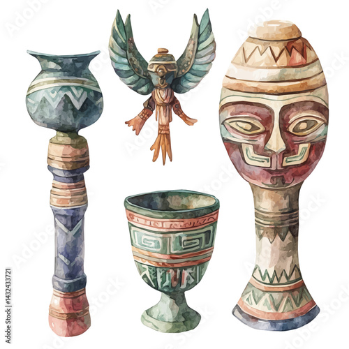 illustration of Unknown Cultures Sacred Artifacts, watercolor vector, isolated on a white background.