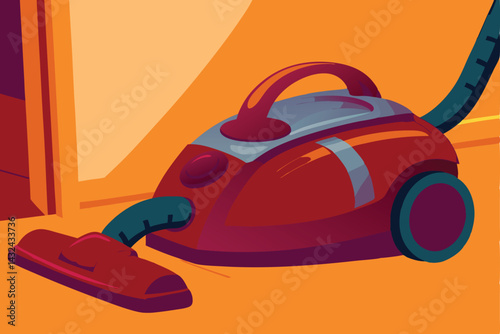 A futuristic, sleek red vacuum cleaner designed like a race car, speeding across a polished floor, leaving a sparkling trail.