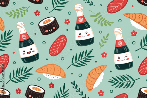 Design a cute, seamless pattern featuring kawaii-style soy sauce bottles, incorporating playful elements and vibrant colors.  Aim for a charming, repeating design suitable for fabric or packaging.