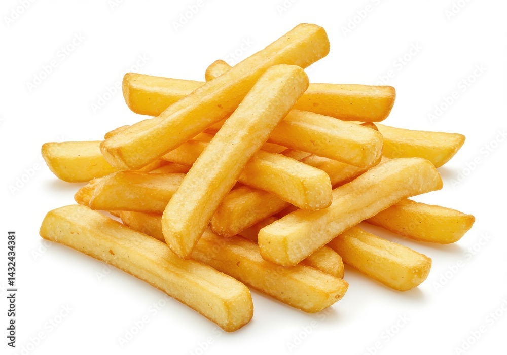 A pile of golden french fries stacked together on a white background creating a simple food still life A pile of golden french fries stacked together on a white background creating a simple food still life