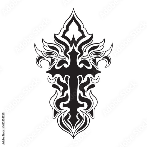 illustration art balack and white hand drawn  crucifix rosary engraving ornamnet design 