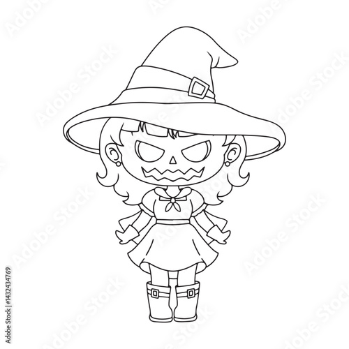 illustyration art cute pumpkin girl wering witch costume for halloween sticker and tshirt design