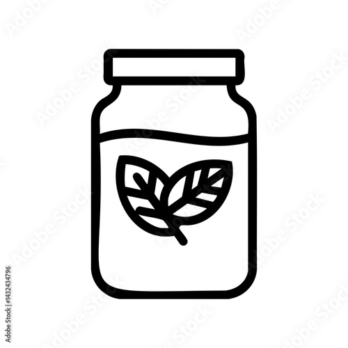 Minimalist black line icon of a jar with liquid and a leaf symbol, representing herbal tea, infusion, or natural drink.
