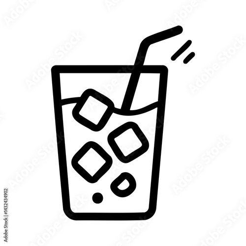 Line art icon of a cold beverage in a glass with straw and floating ice cubes, representing refreshment, summer drink, or chill beverage.