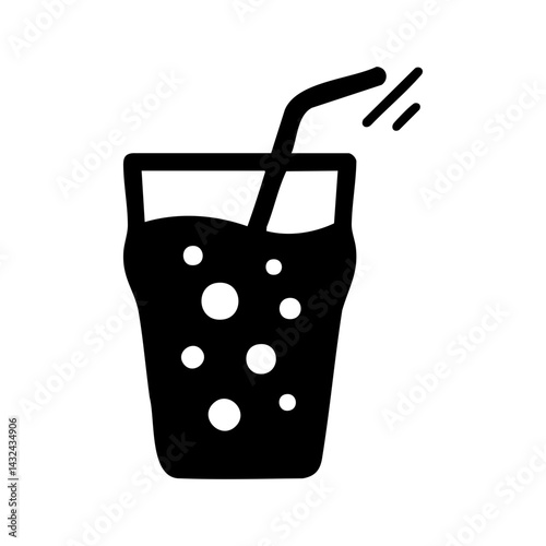Minimal black icon of a fizzy soda in a glass with straw and bubbles, representing cold beverage, refreshment, or carbonated soft drink.