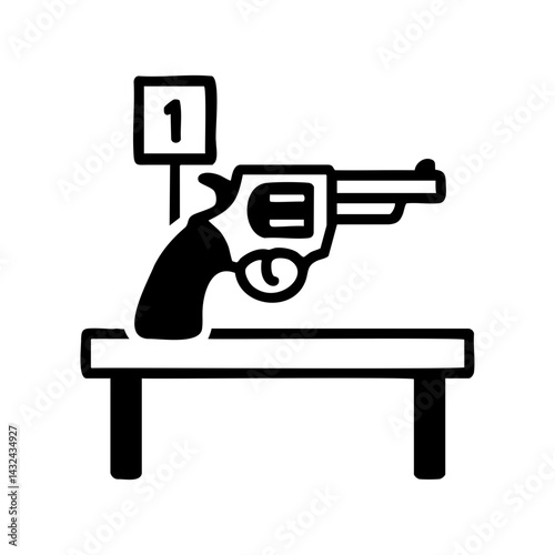 Silhouette icon of a revolver placed on a table with an evidence marker, representing forensic investigation, crime scene documentation, and law enforcement casework.