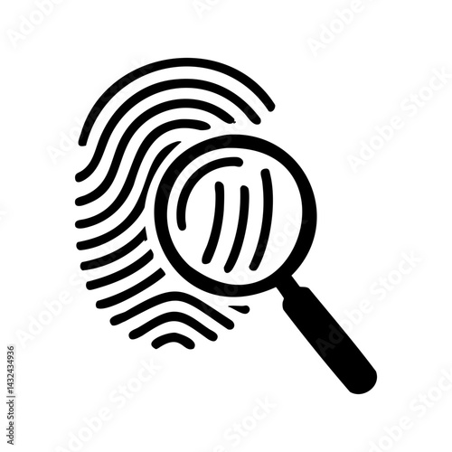 Line art icon of a fingerprint being analyzed with a magnifying glass, representing forensic science, identity verification, and criminal investigation.