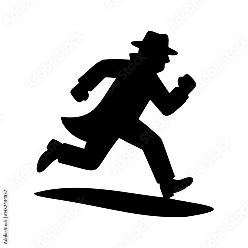 Silhouette icon of a detective or spy in trench coat and hat running, symbolizing urgent investigation, escape scene, or undercover pursuit.