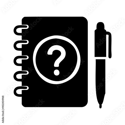 Silhouette icon of a spiral notebook with a question mark on the cover and a pen, symbolizing mystery notes, unsolved case, or brainstorming questions.