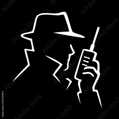 Silhouette icon of a spy or secret agent in trench coat and fedora using a walkie-talkie, symbolizing surveillance, covert ops, and encrypted communication.