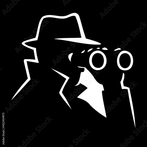 Silhouette icon of a spy or detective in trench coat and fedora using binoculars, symbolizing surveillance, secret observation, or intelligence gathering.
