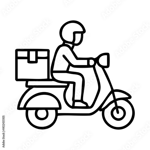 Line art icon of a delivery rider on a scooter with helmet and box, representing food delivery, courier service, or express transport.