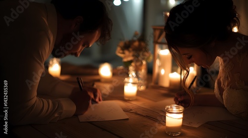 Couple writing by candlelight, heads bowed in concentration, adding to a special guestbook on a rustic wooden table at night.