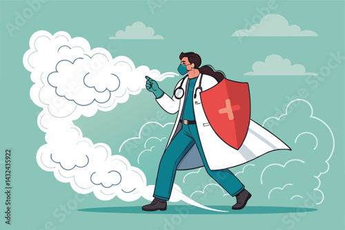 A vector illustration of a doctor in scrubs, bravely holding a shield to protect against a surge of dark smoke clouds, symbolizing disease or pandemic.