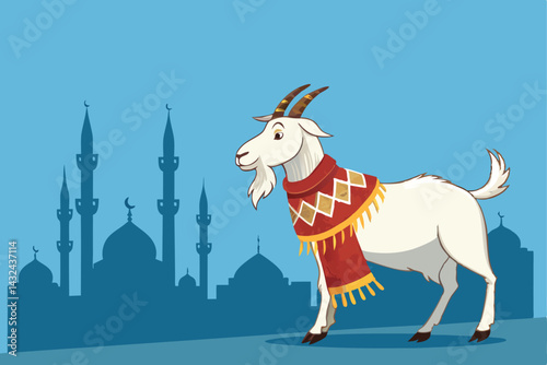 Create a vector illustration of a proud goat wearing a festive, brightly colored scarf, standing majestically.  High-resolution, detailed design.