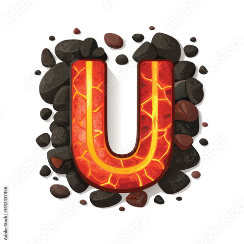 Create a fiery letter 'U' formed from molten lava and glowing rocks, with a realistic, orange-red glow against a dark background.  The lava should appear viscous and dynamic.
