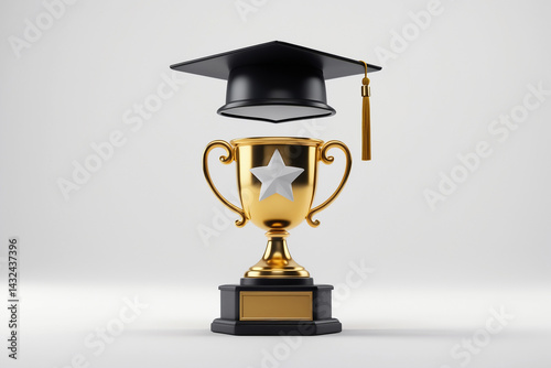 Shiny golden trophy cup in the hand of a child. Champion kid reward. Competition or contest prize.