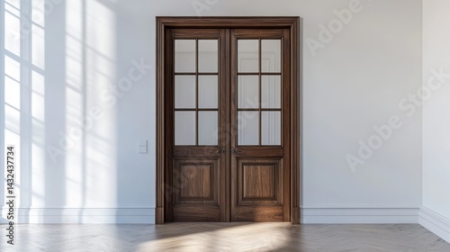 Interior double glass paneled wooden door, sunlight