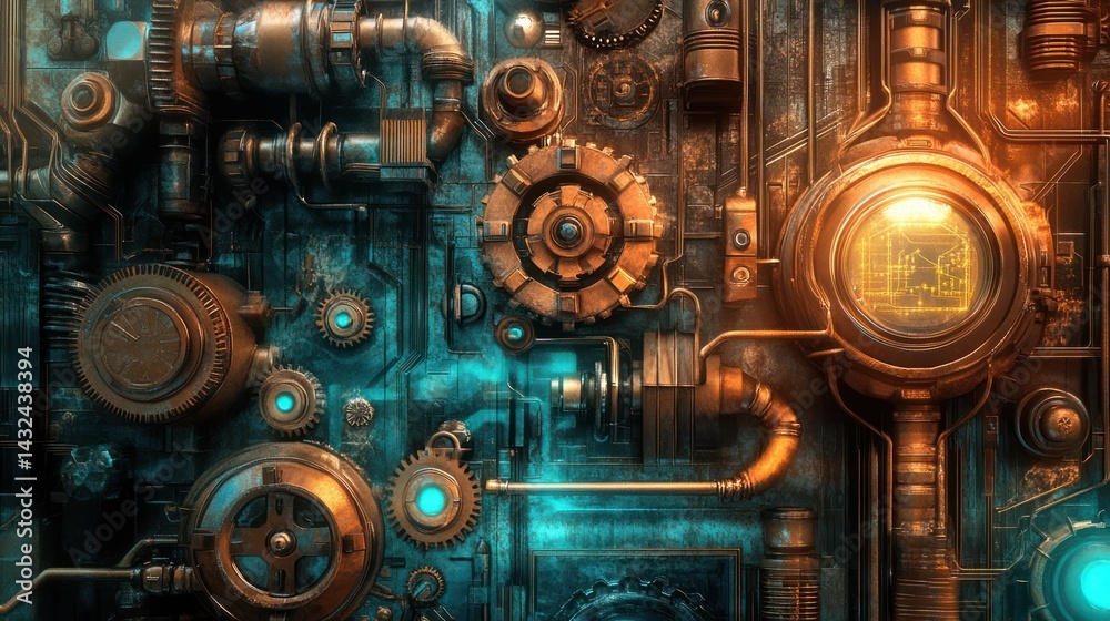Steampunk Mechanical Device Close-up view of intricate gears and pipes background Steampunk Mechanical Device Close-up view of intricate gears and pipes background