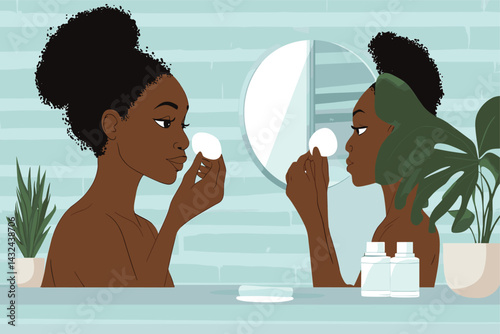 African woman applying facial toner with cotton pad in front of mirror, calm morning routine vector illustration