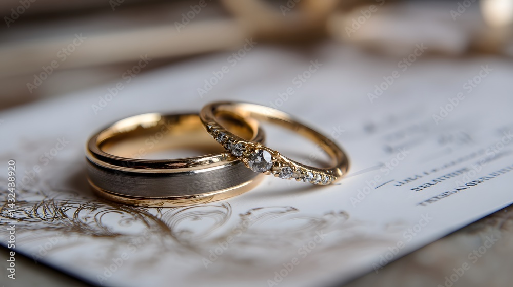 Elegant wedding bands, gold and stone, resting on an invitation card with graceful design, capturing a moment of commitment and style. Elegant wedding bands, gold and stone, resting on an invitation card with graceful design, capturing a moment of commitment and style.