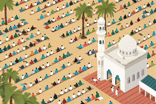 Overhead vector illustration of a densely packed Eid prayer field, showcasing numerous worshippers.  Illustrate diverse clothing and a sense of community.