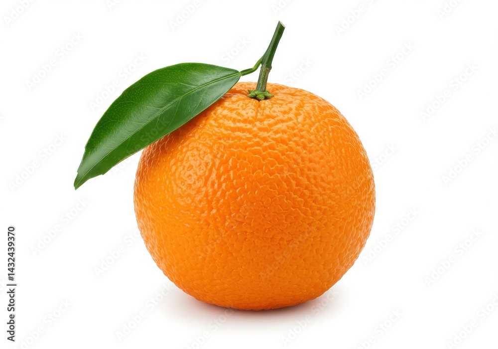 A single orange with stem and leaf on a white background in a studio shot showing the texture of the skin