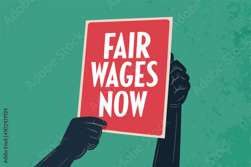Create a vector illustration of a raised fist holding a protest sign that clearly reads "Fair Wage."  The style should be bold and impactful.