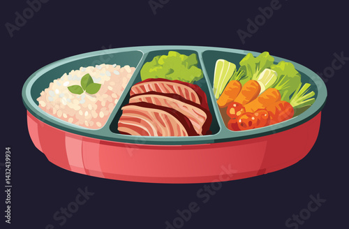 Bento Rice Food with Beef Steak and Vegetables - Vector Illustration