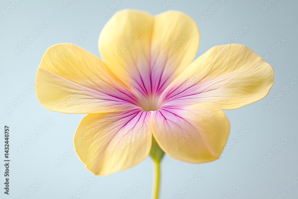 Obraz premium Close-up of a pale yellow flower with pink veins against a light blue background. Possible use Nature, botanical photography