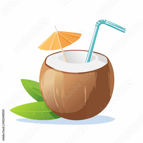 Coconut coctail with straw vector illustration. Tropical drink