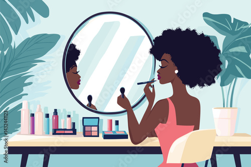 African woman applying makeup in front of mirror with cosmetic bottles on desk, beauty blogger scene vector illustration