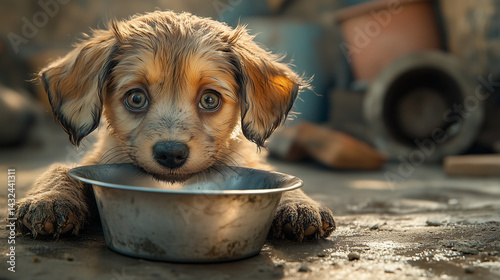 Innocent Puppy Dog Face Expressing Hunger and Hope While Lying Near Food Dish on Concrete Floor

