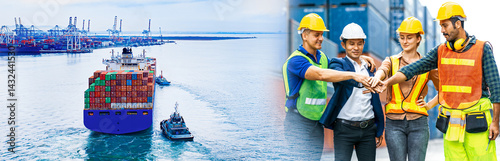 Photography Group of professional foreman man & woman worker, business people, engineer teamwork put their hands together at industrial import-export containers ship yard