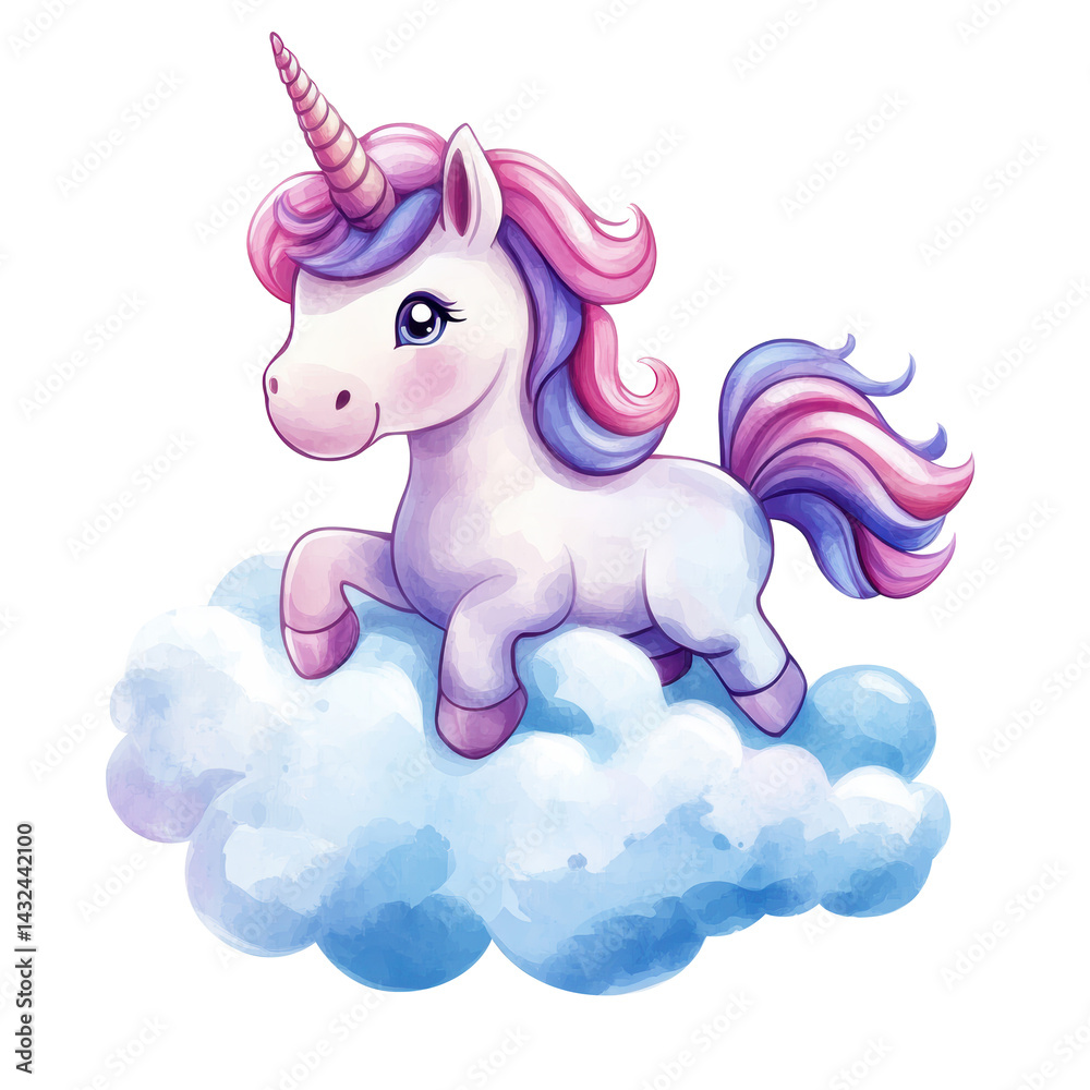 Fototapeta premium A cute unicorn is flying through a fluffy white cloud. The image has a whimsical and playful mood, with the unicorn's bright colors and the fluffy clouds creating a sense of magic and wonder