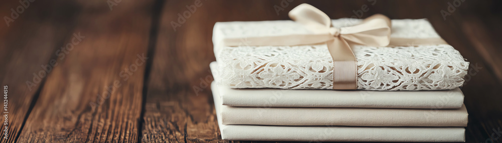 Elegant stack of lace wrapped gifts with ribbon on rustic wooden table. Elegant stack of lace wrapped gifts with ribbon on rustic wooden table.