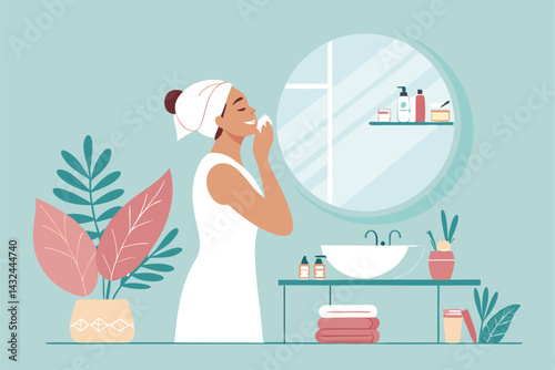 A woman meticulously applies skincare products in a bright, modern bathroom, showcasing a detailed, close-up view of her routine.  Solid white background emphasizes the products.