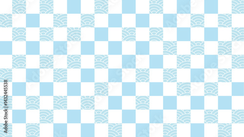 青海波と市松模様を組み合わせた涼しげな和風背景素材（水色）