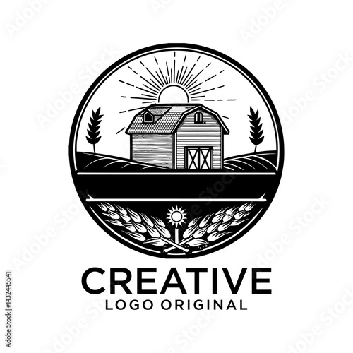 Illustration of a farmer with farm barn and silo in the background done in retro woodcut black and white style.