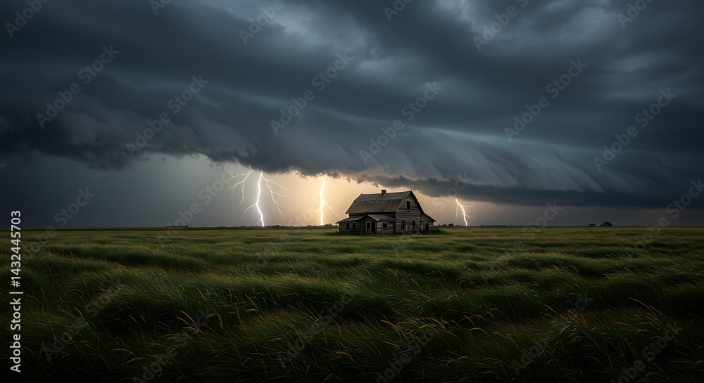 Fototapeta premium Isolated house amidst lightning strikes and turbulent weather.