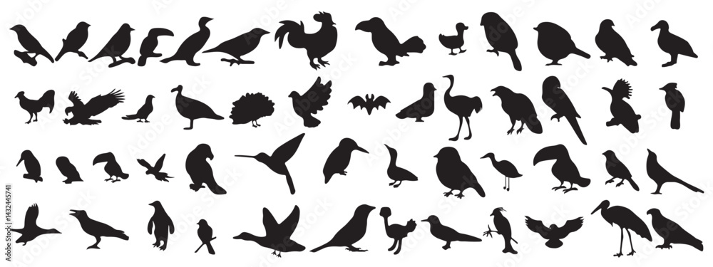 Birds silhouettes in various poses - Silhouettes of birds in a variety of poses including flying, perched, and gliding actions