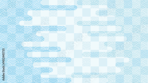 青海波と市松模様を組み合わせた涼しげな和風背景素材（水色）