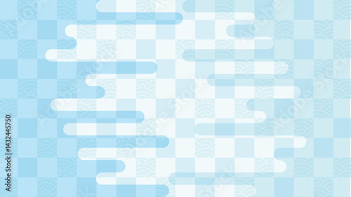 青海波と市松模様を組み合わせた涼しげな和風背景素材（水色）