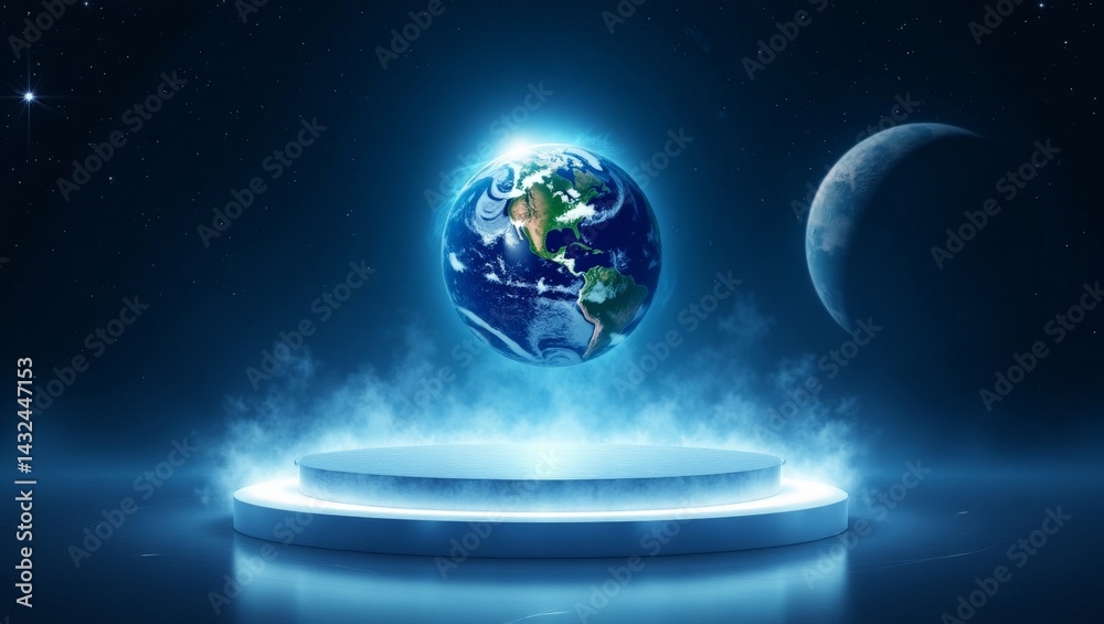 Fototapeta premium A Glowing Earth Floating Above a Podium in a Dark Space with a Crescent Moon