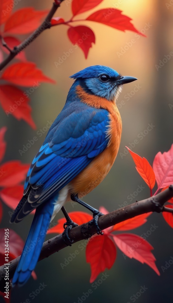 Obraz premium Vibrant bluebird, crimson leaves, autumn branch, image, forest, colorful