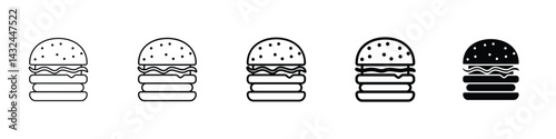 Set of 5 pixel perfect Hamburger icon with 1 unexpanded, 1 silhouette, editable hamburger icon symbolizing fast food, meals, and casual dining with a bold line design